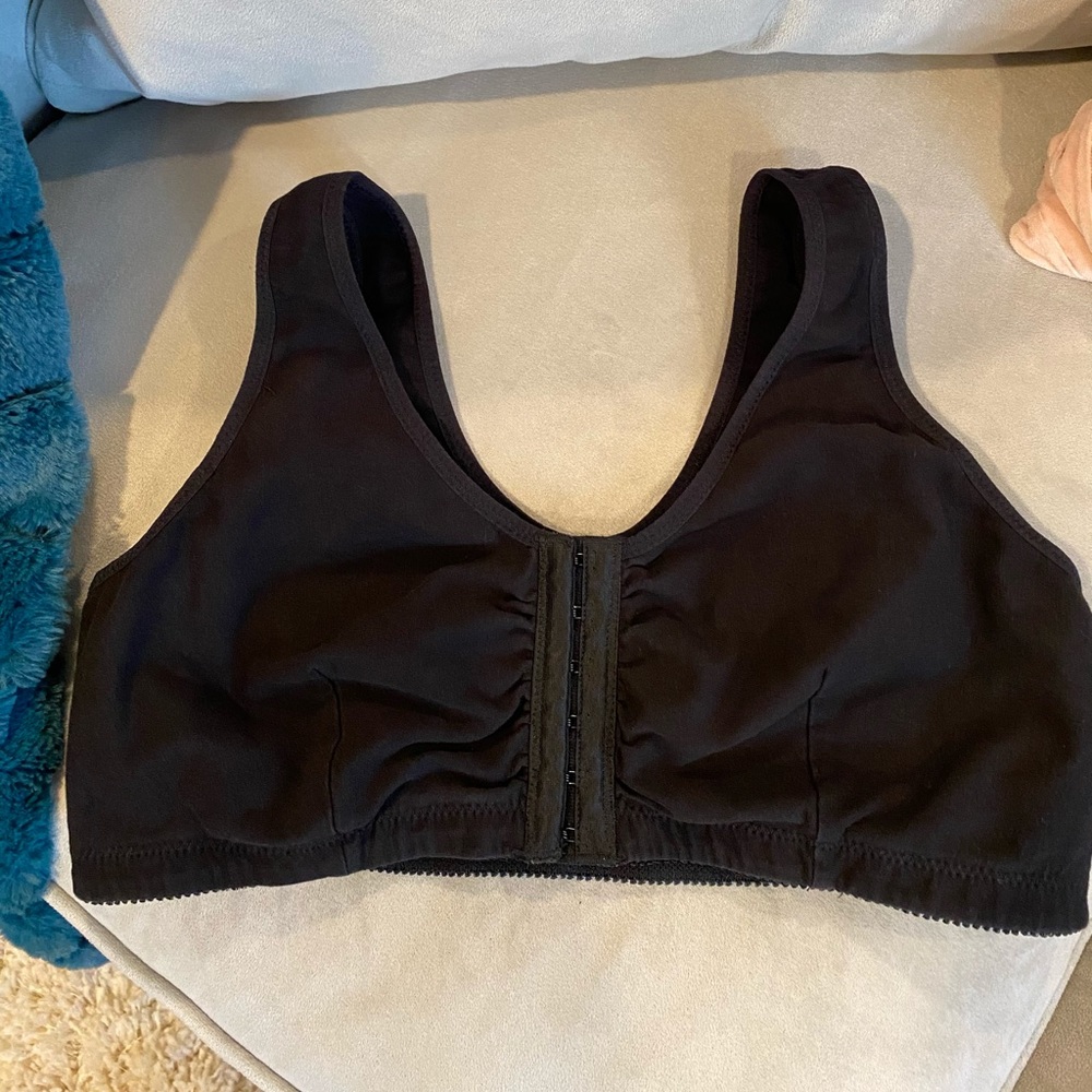 ABC black open front bra - post surgery comfort bra. Pockets for padding or form
